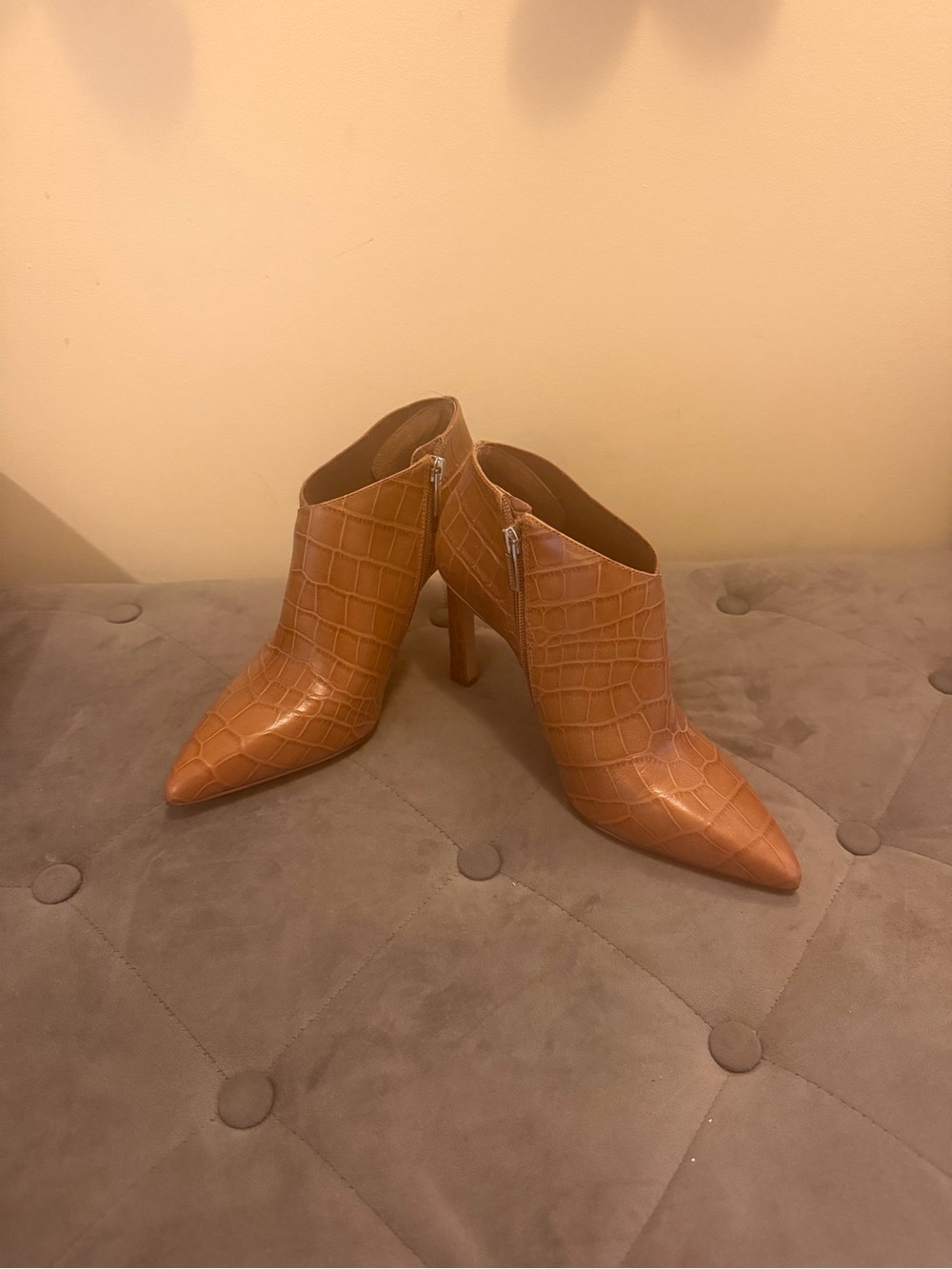 Vince Camuto Croc-Embossed Pointed-Toe Ankle Booties - Cognac